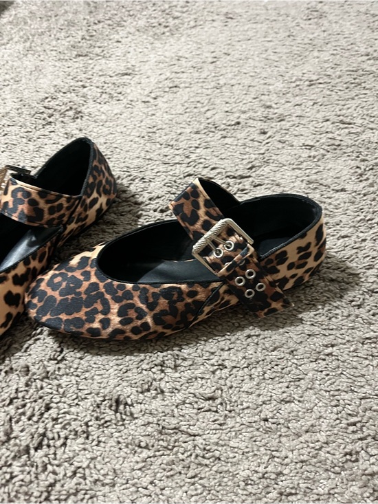 None Shoes - Leopard Print Mary Jane Flats with Buckle Strap - Brown